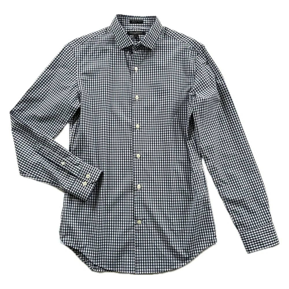 Banana Republic Navy Blue White Gingham Long Sleeve Grant Fit Button Down Shirt
